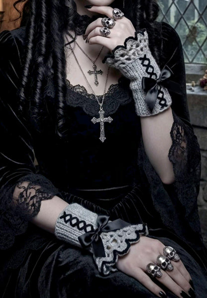 Handmade Grey Black Knitted Lace Wrist Cuffs, Steampunk Goth Victorian W13