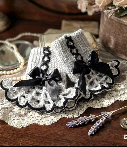 Handmade Grey Black Knitted Lace Wrist Cuffs, Steampunk Goth Victorian W13