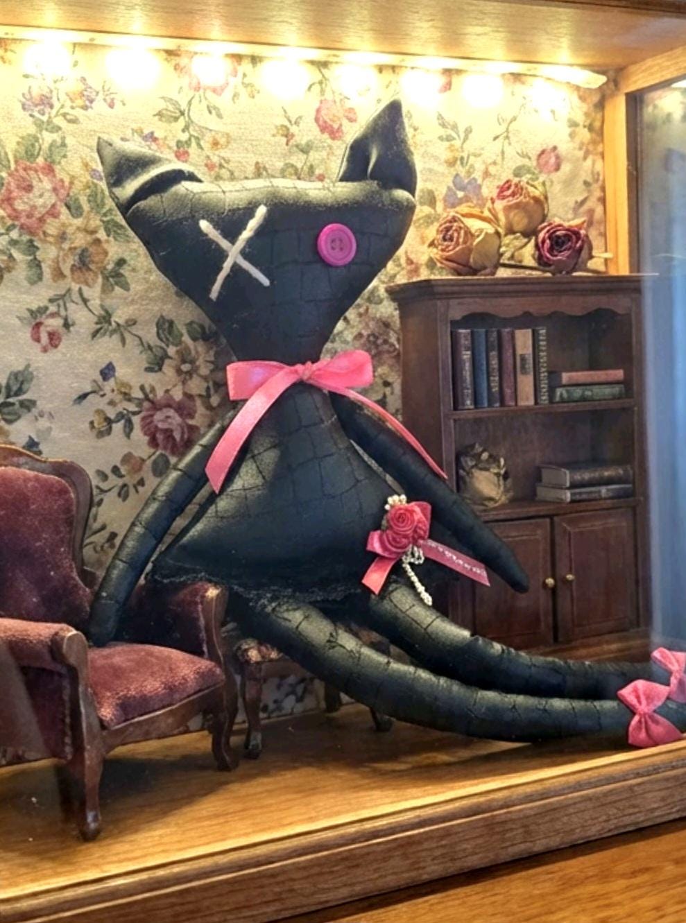 Gothic Black Cat Art Doll: 36cm Creepy Handmade Ragdoll
