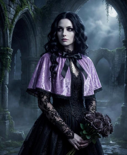 Lilac Purple Velvet Capelet, Black Lace Trim - Victorian Steampunk Costume CP63