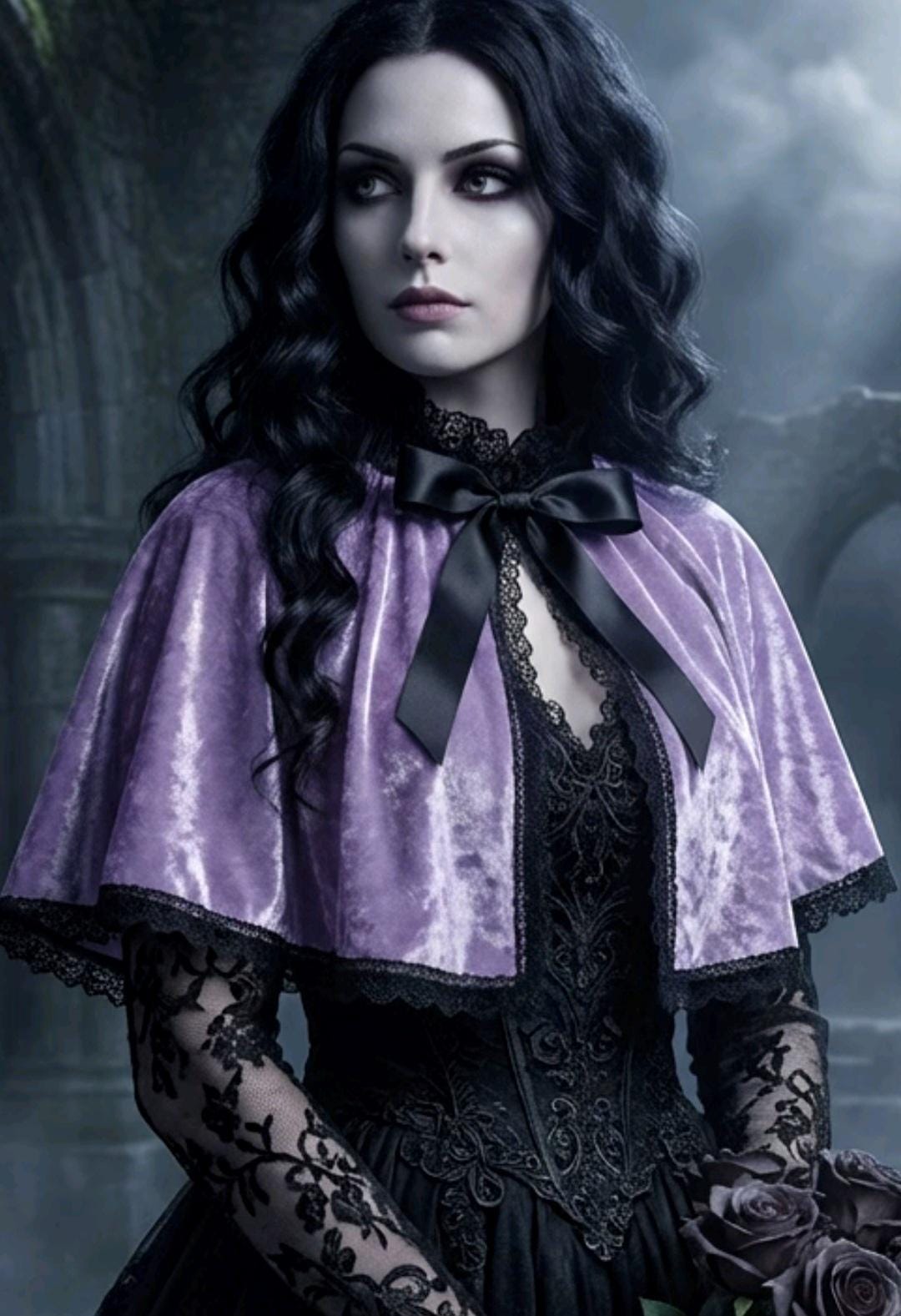 Lilac Purple Velvet Capelet, Black Lace Trim - Victorian Steampunk Costume CP63