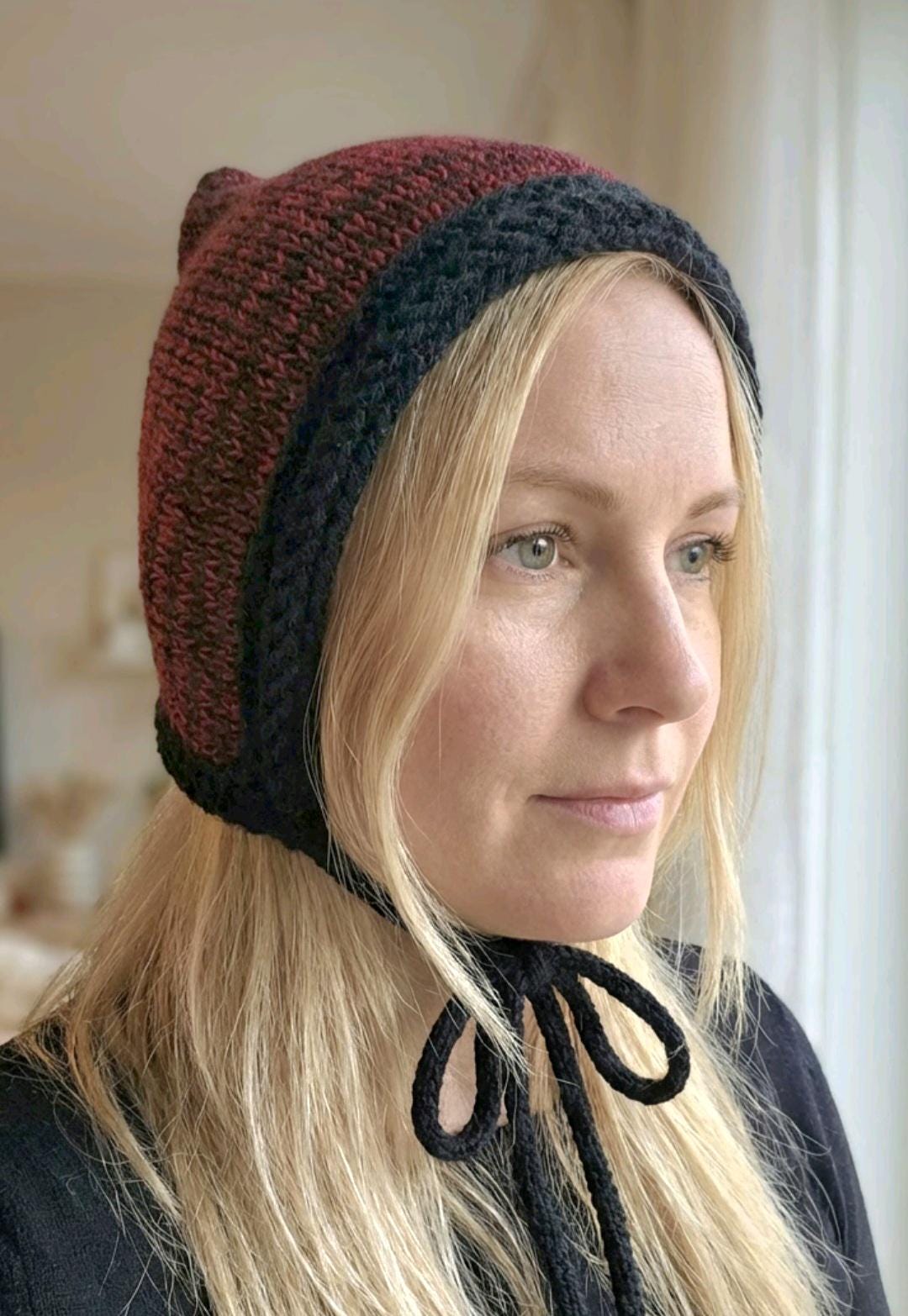 Handmade Black Burgundy Knitted Pixie Bonnet: Adult Woodland Tie Hat