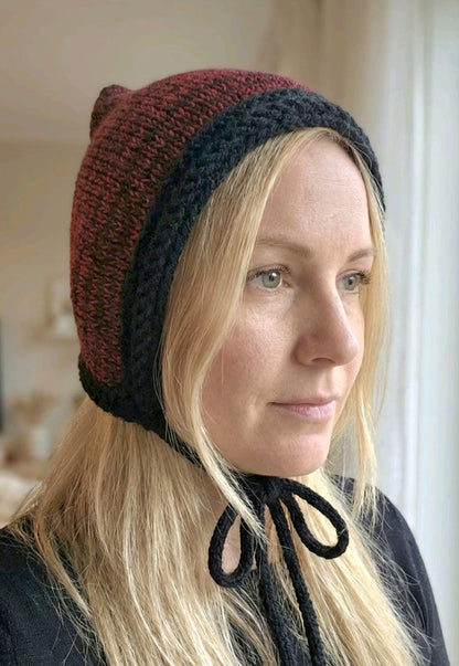 Handmade Black Burgundy Knitted Pixie Bonnet: Adult Woodland Tie Hat