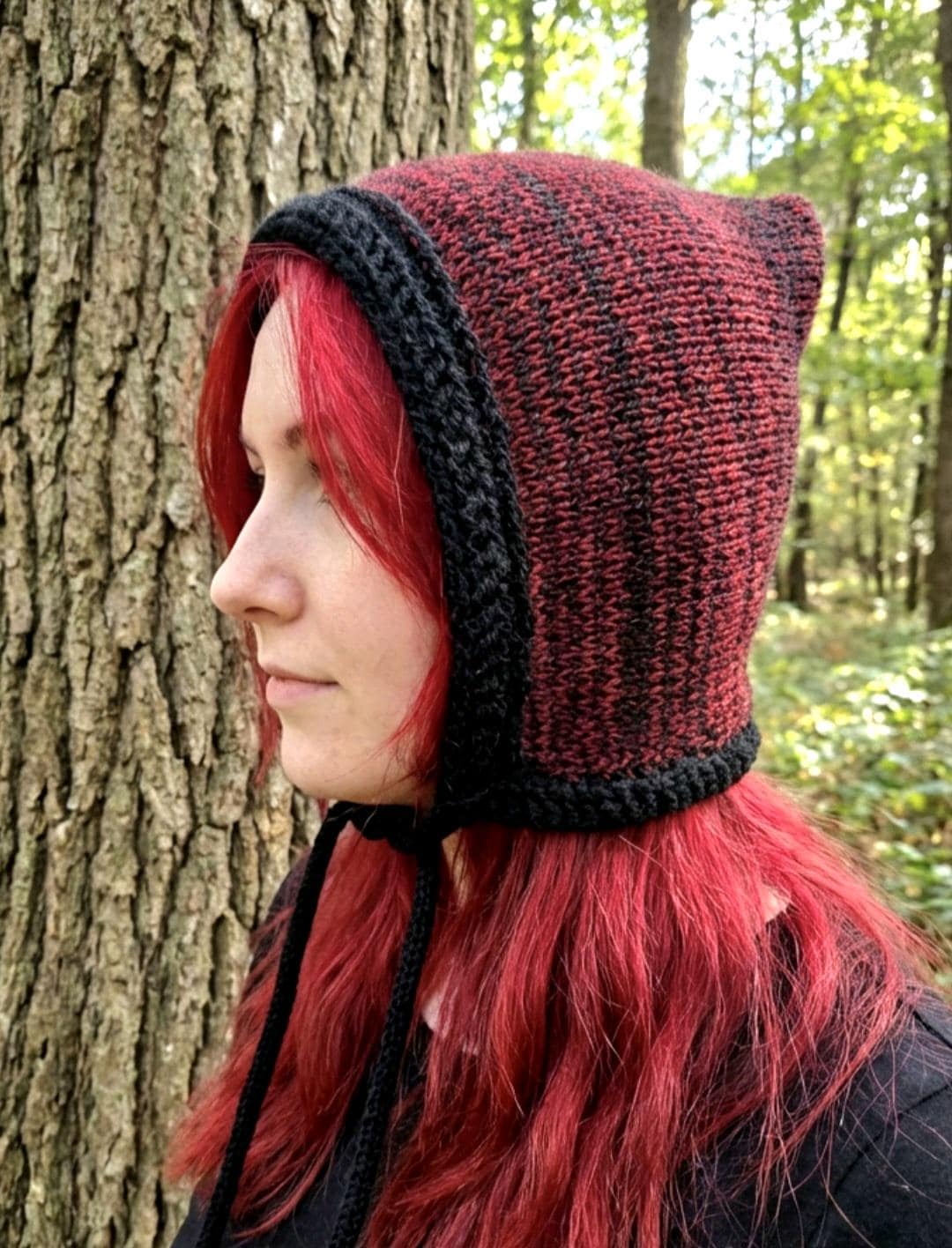 Handmade Black Burgundy Knitted Pixie Bonnet: Adult Woodland Tie Hat