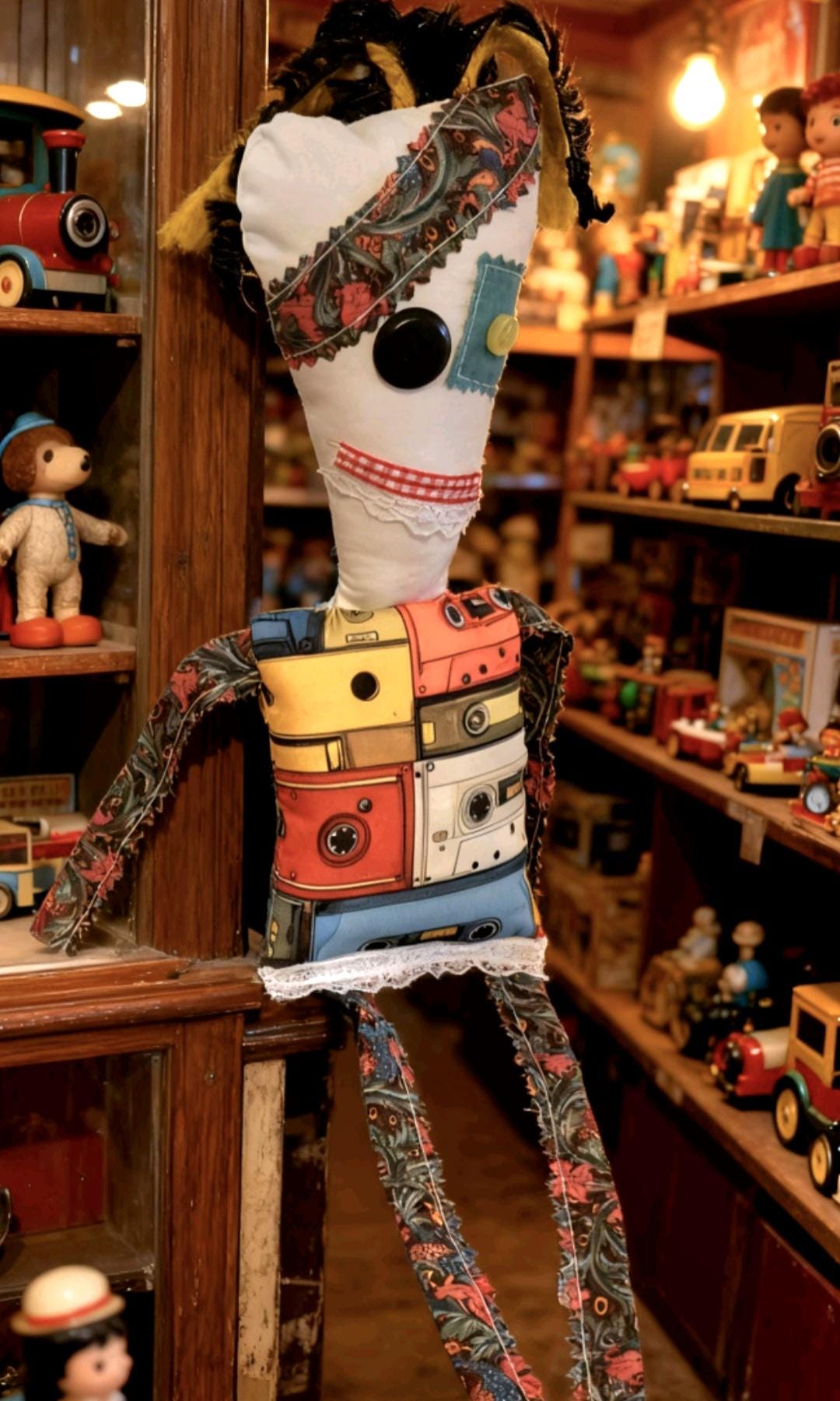 Scrappy Art Doll: 39cm Handmade Creepy Ragdoll, Cassette Design, Boxed