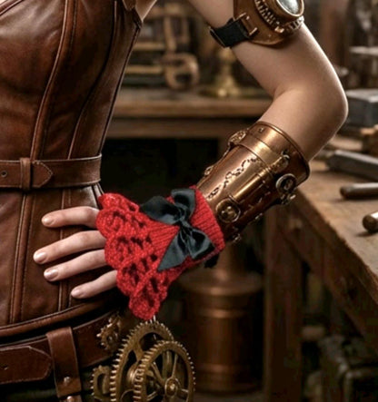 Handmade Red Knitted Lace Wrist Cuffs With Black Bows, Steampunk Goth Victorian