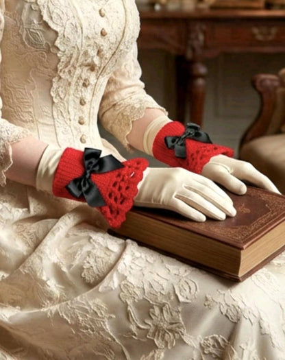 Handmade Red Knitted Lace Wrist Cuffs With Black Bows, Steampunk Goth Victorian