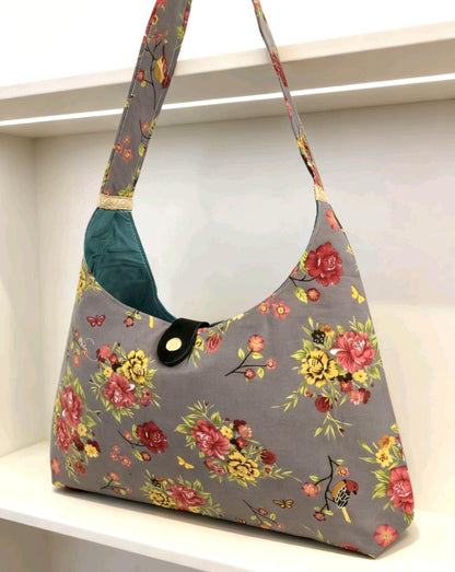 Floral Roses Shoulder Bag, Taupe Red Green, Lined