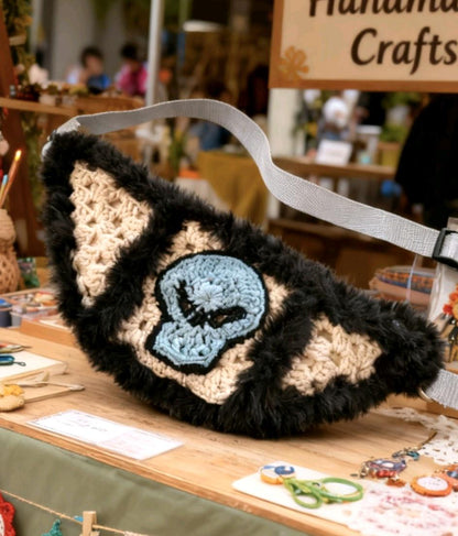 Crochet Squares Bumbag: Black Beige Skull, Fur Trim, Emo Waist Belt Bag