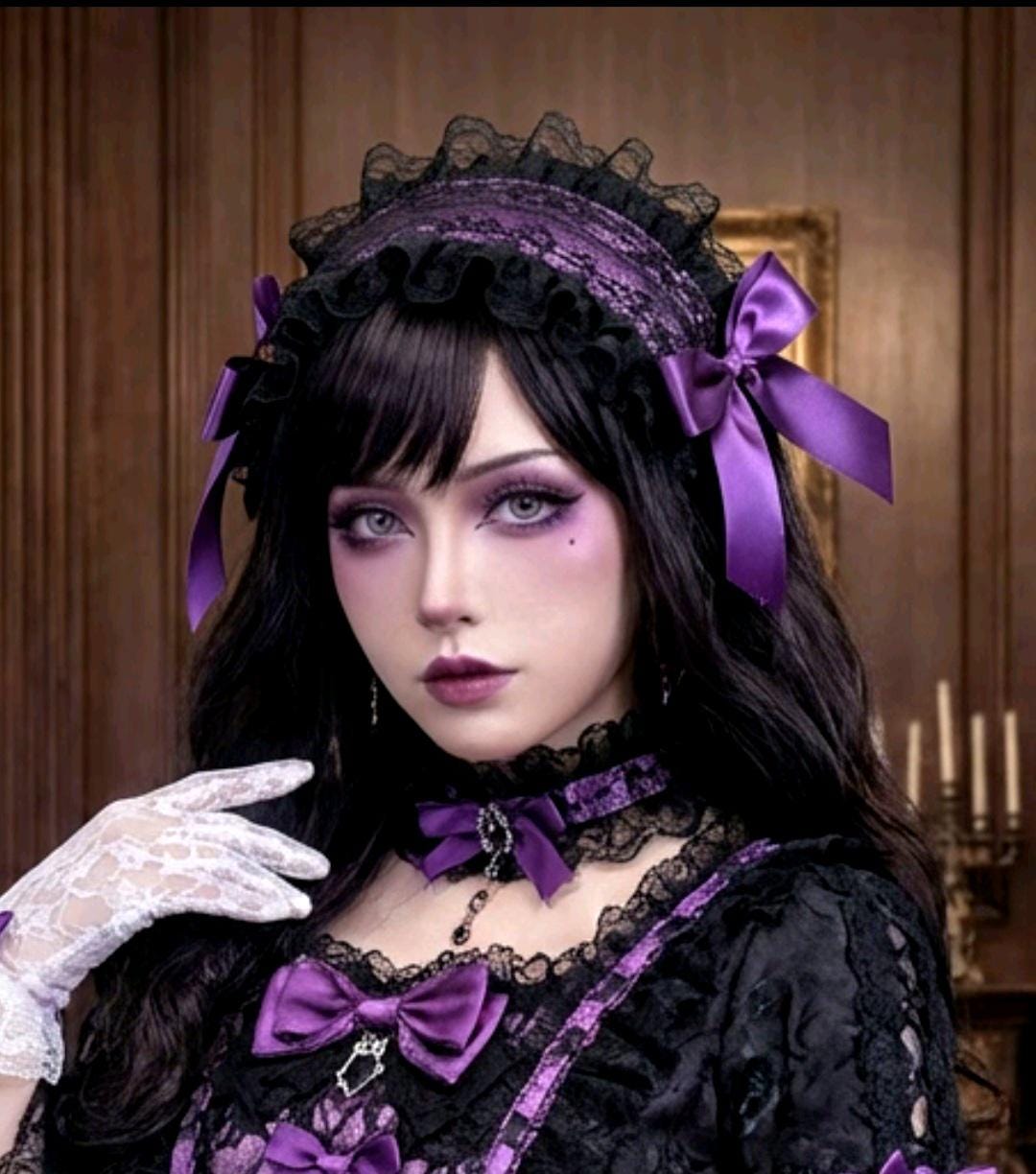Purple Black Lace Lolita Headpiece Head Band - Steampunk Maid Gothic Emo