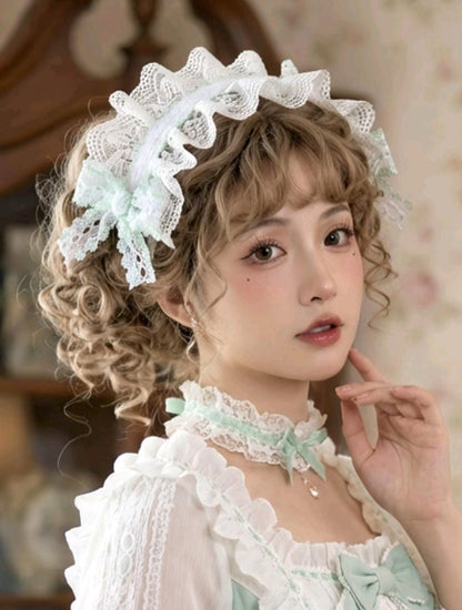 White Mint Green Lace Lolita Headpiece Head Band - Steampunk Maid Gothic Emo