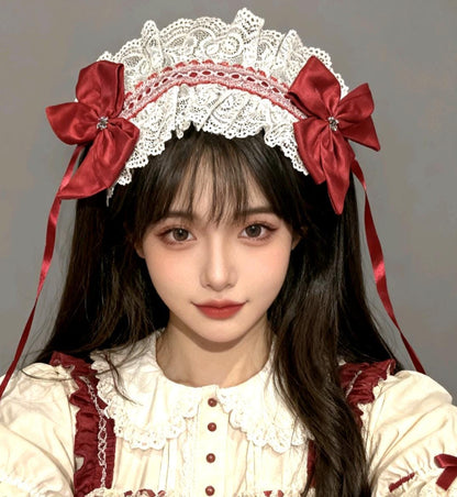 White Red Lace Satin Lolita Headpiece Head Band - Steampunk Maid Gothic Emo