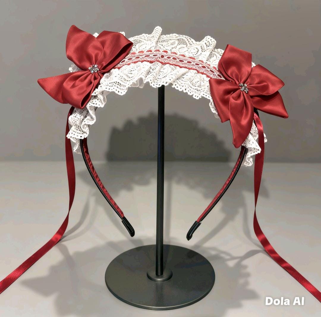 White Red Lace Satin Lolita Headpiece Head Band - Steampunk Maid Gothic Emo
