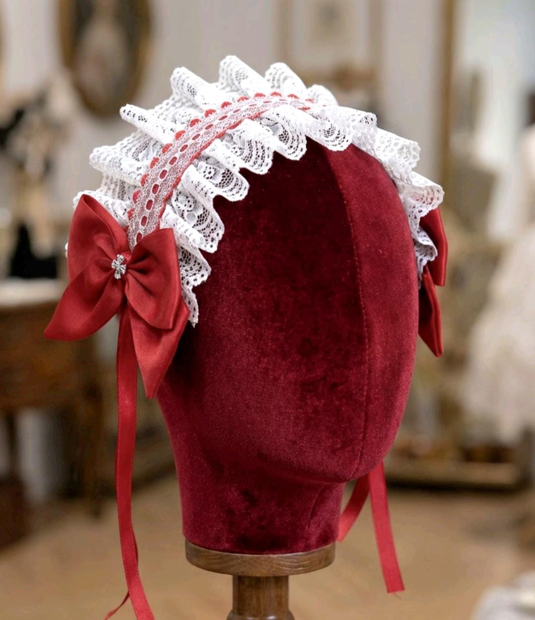 White Red Lace Satin Lolita Headpiece Head Band - Steampunk Maid Gothic Emo