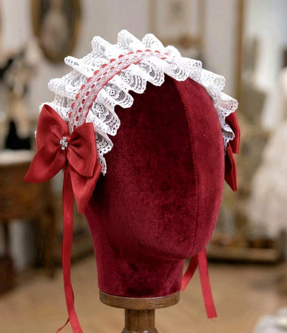 White Red Lace Satin Lolita Headpiece Head Band - Steampunk Maid Gothic Emo