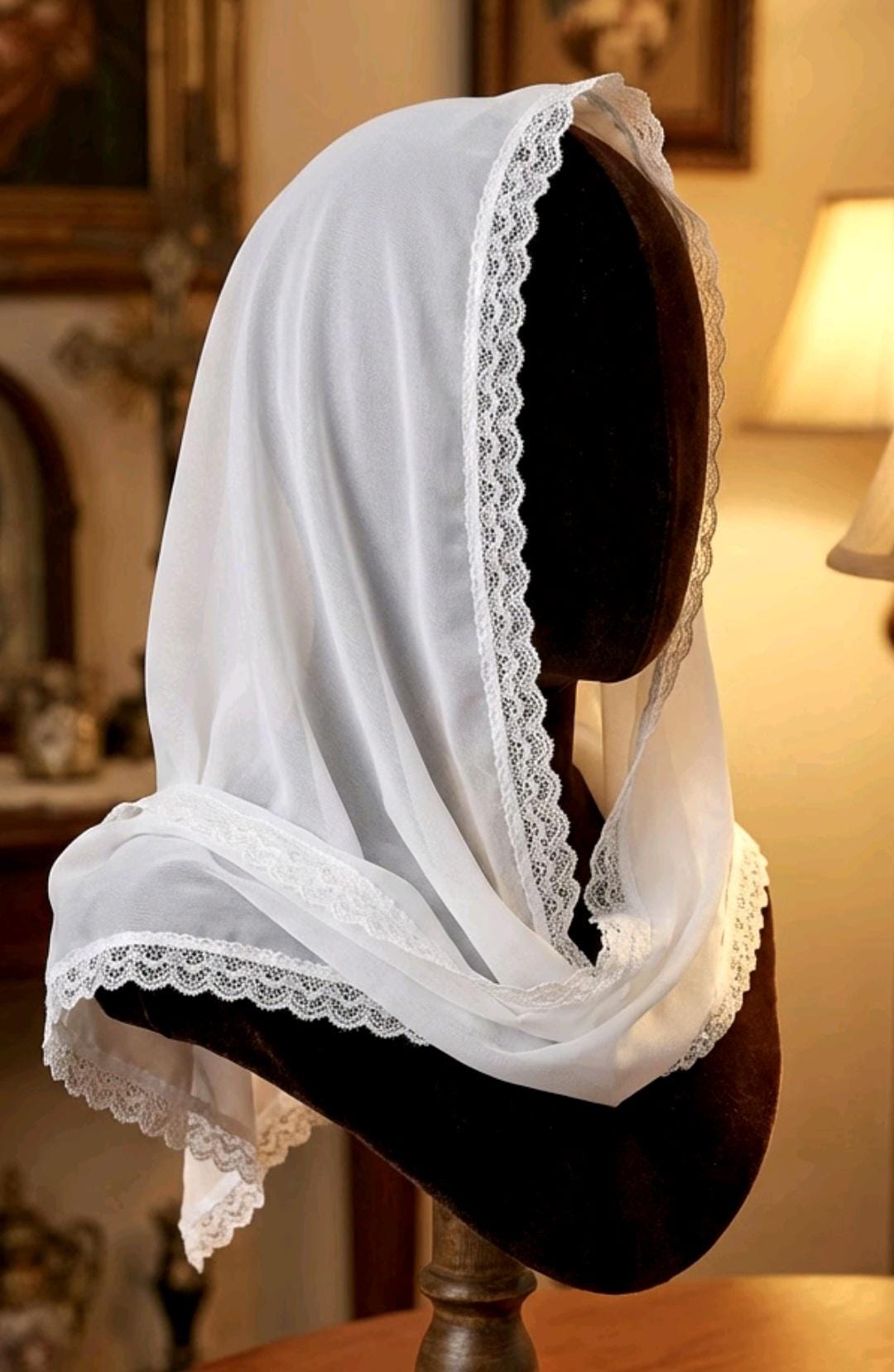 Ivory Chiffon & Lace Veil Long Mantilla Victorian Catholic Gothic Bride Costume