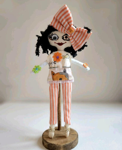 Gothic Art Doll: 34cm Handmade Creepy Ragdoll, Orange Black Dot, Boxed