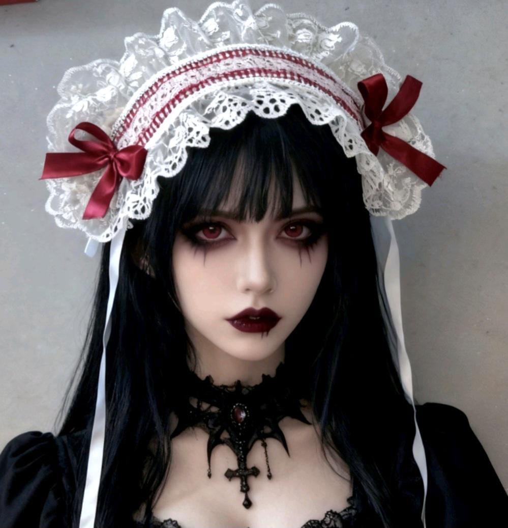 White Red Gingham Lace Satin Lolita Headpiece Head Band - Steampunk Maid Gothic Emo Cute
