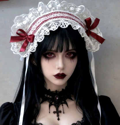 White Red Gingham Lace Satin Lolita Headpiece Head Band - Steampunk Maid Gothic Emo Cute