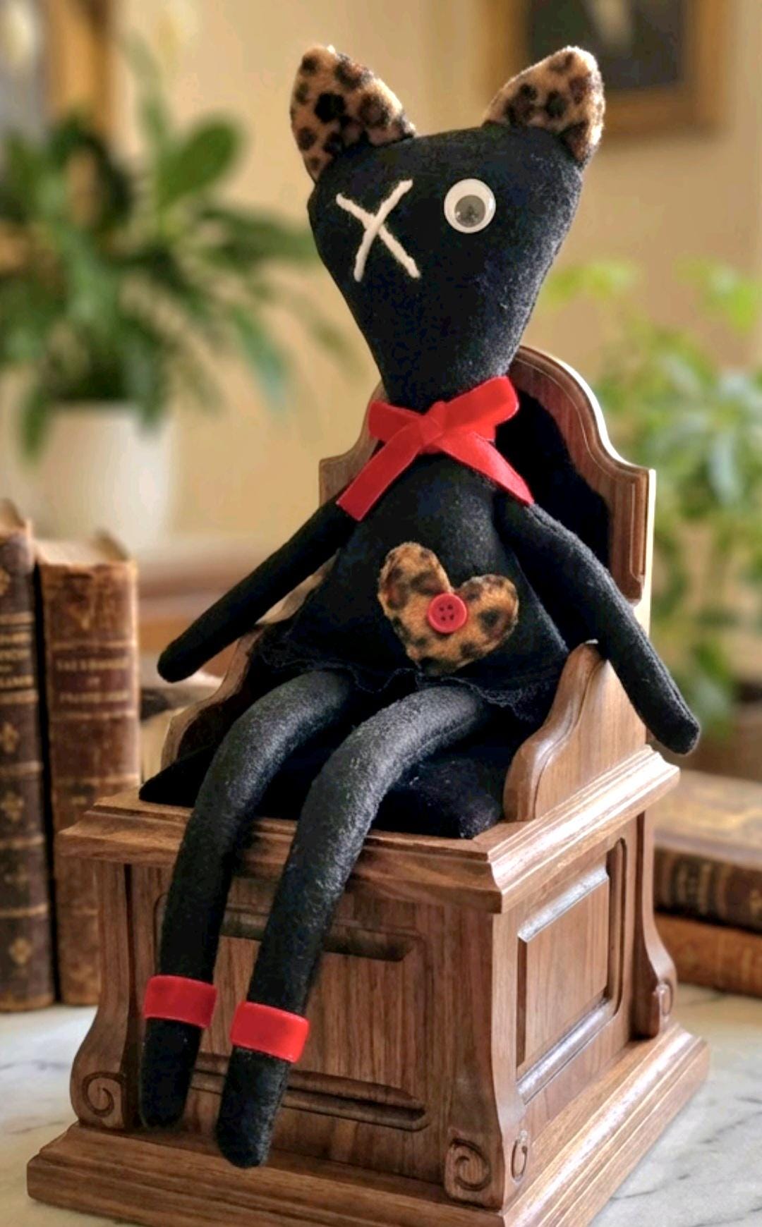 Gothic Art Doll Black Cat : 35cm Handmade Creepy Ragdoll, Leopard Heart, Boxed