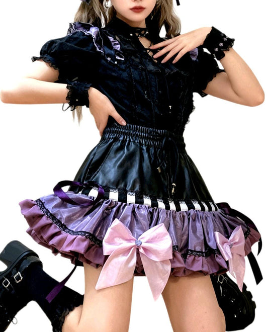 Black Faux Leather Purple Lolita Cake Skirt - Y2K Maid Gothic Kei, Size 10 - 14 Medium