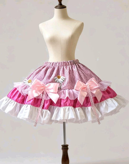 Pink White Bows Lolita Cake Skirt - Y2K Maid Gothic Kei Size 6 -10 Small