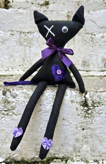 Gothic Art Doll Black Cat : 38cm Handmade Creepy Ragdoll, Purple Heart, Boxed
