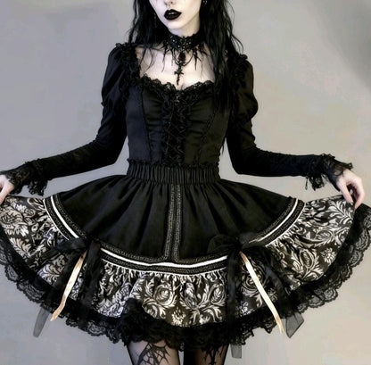 Black White Gold Lolita Cake Skirt - Y2K Maid Gothic Kei, Size 10 - 14 Medium