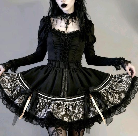 Black White Gold Lolita Cake Skirt - Y2K Maid Gothic Kei, Size 10 - 14 Medium
