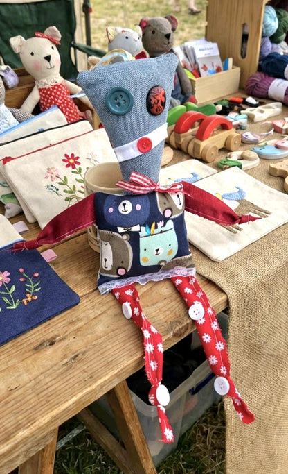 Scrappy Art Doll: 33cm Handmade Creepy Ragdoll, Denim Blue & Red, Boxed