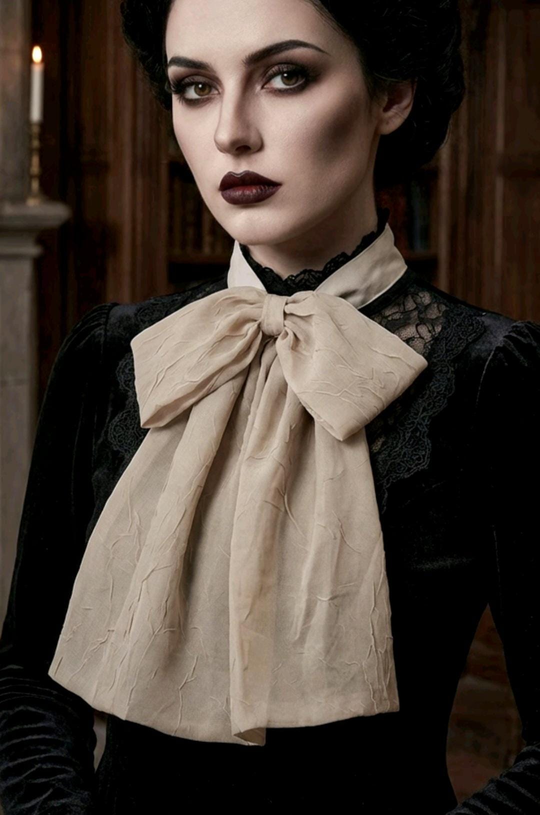 Beige Taupe Crinkle Voile Jabot Floppy Bow Cravat Collar Victorian Steampunk Fancy Dress Gothic Theatre Austin Powers