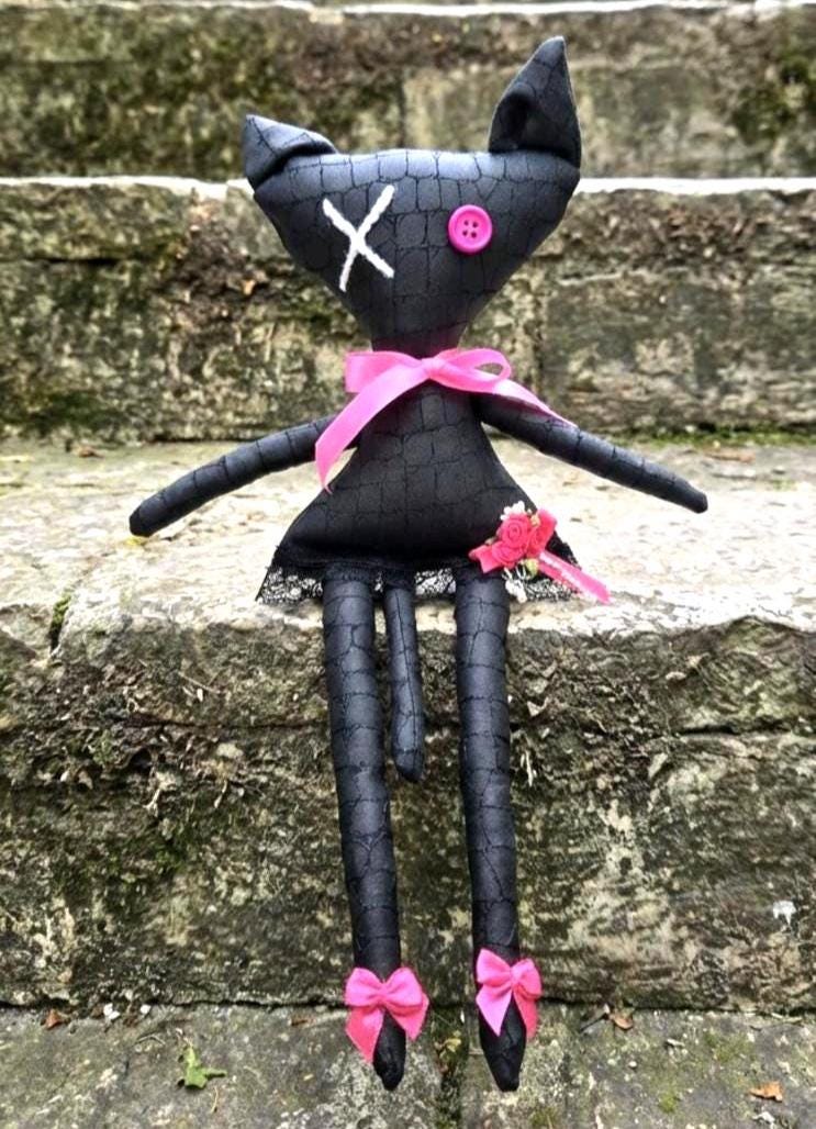 Gothic Black Cat Art Doll: 36cm Creepy Handmade Ragdoll