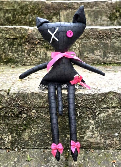 Gothic Black Cat Art Doll: 36cm Creepy Handmade Ragdoll