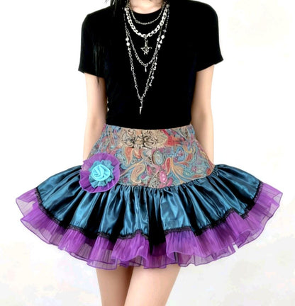 Peacock Blue & Purple Lolita Cake Skirt - Y2K Maid Gothic Kei, Size 12 - 16 (UK)