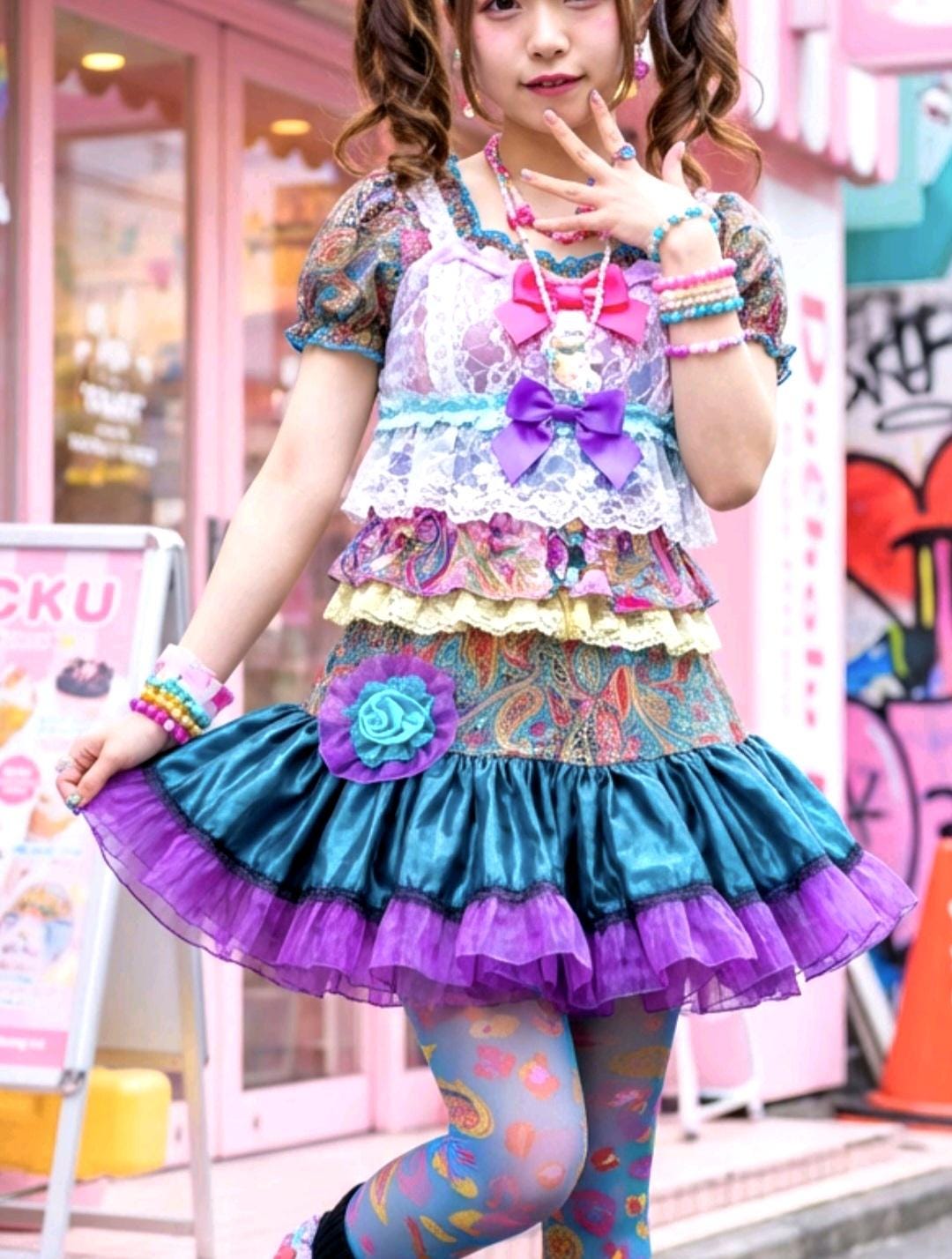 Peacock Blue & Purple Lolita Cake Skirt - Y2K Maid Gothic Kei, Size 12 - 16 (UK)