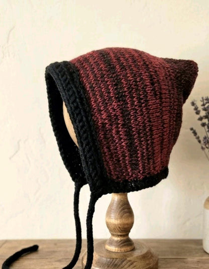 Handmade Black Burgundy Knitted Pixie Bonnet: Adult Woodland Tie Hat