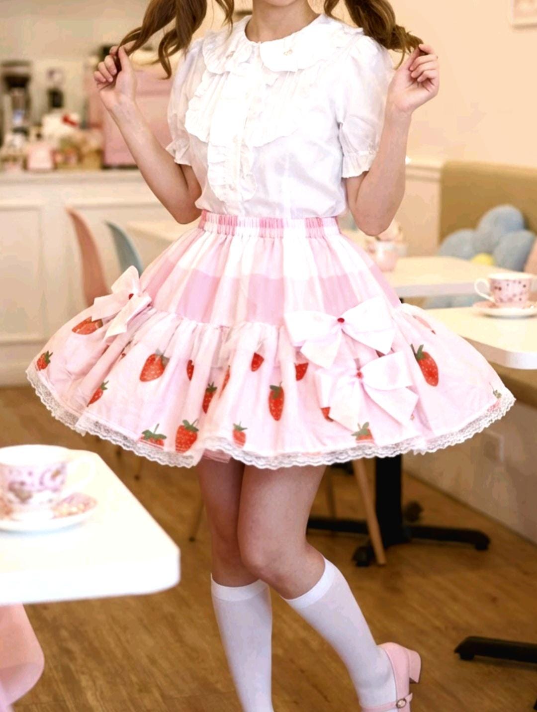 Pink White Strawberries Lolita Cake Skirt - Y2K Maid Tutu Gothic Kei Size 6 -10 Small