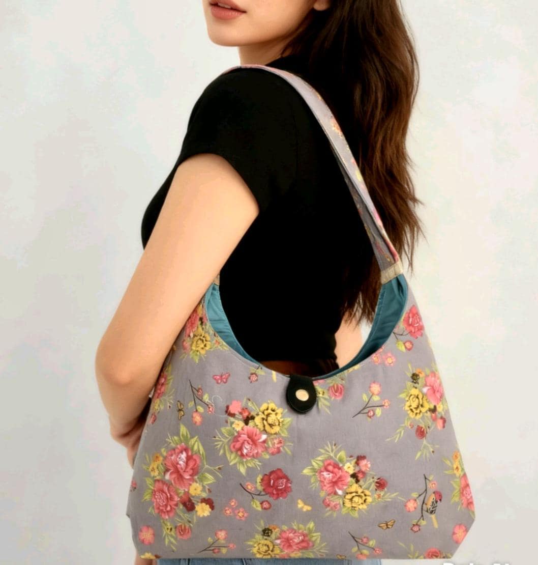Floral Roses Shoulder Bag, Taupe Red Green, Lined
