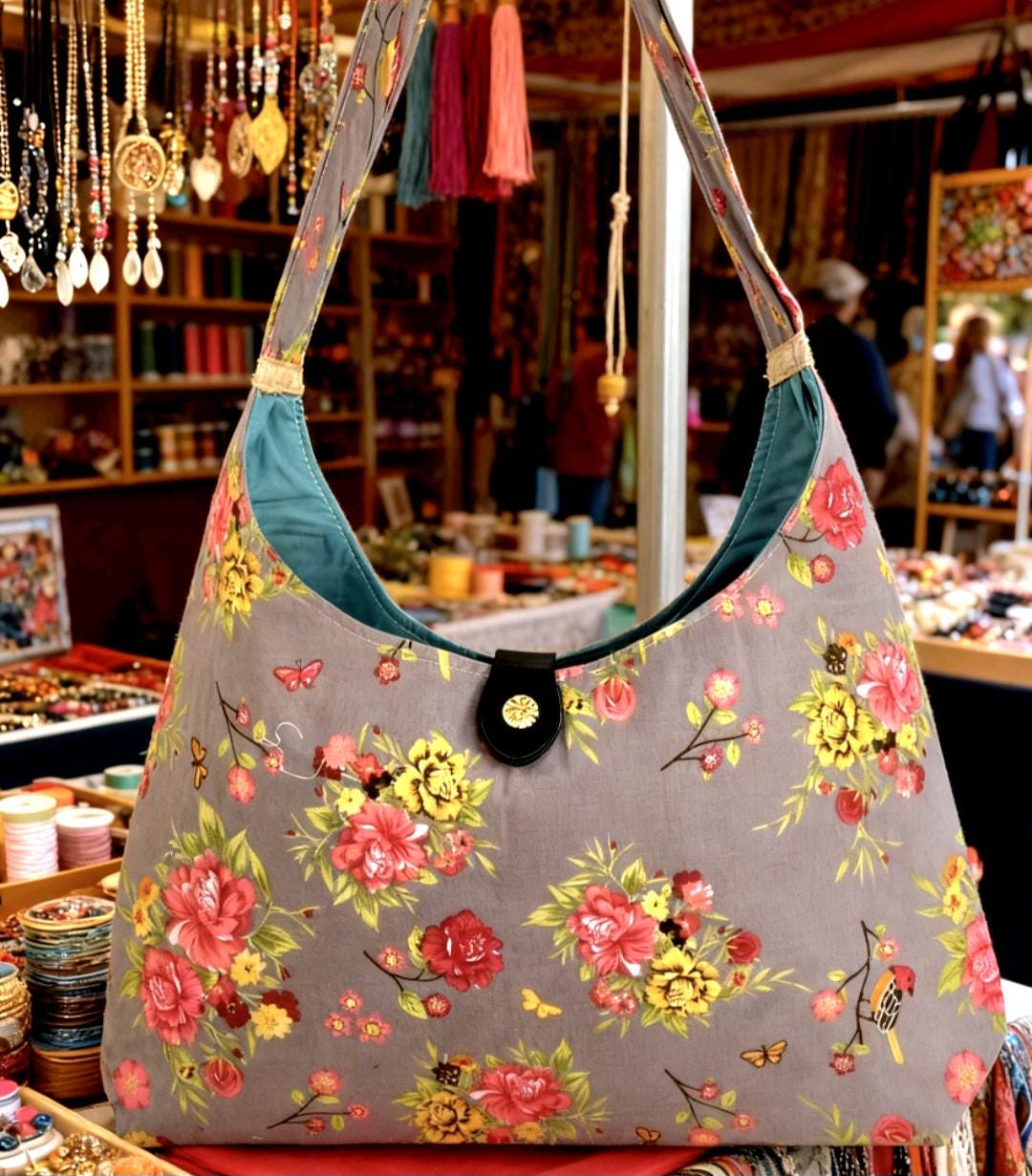 Floral Roses Shoulder Bag, Taupe Red Green, Lined