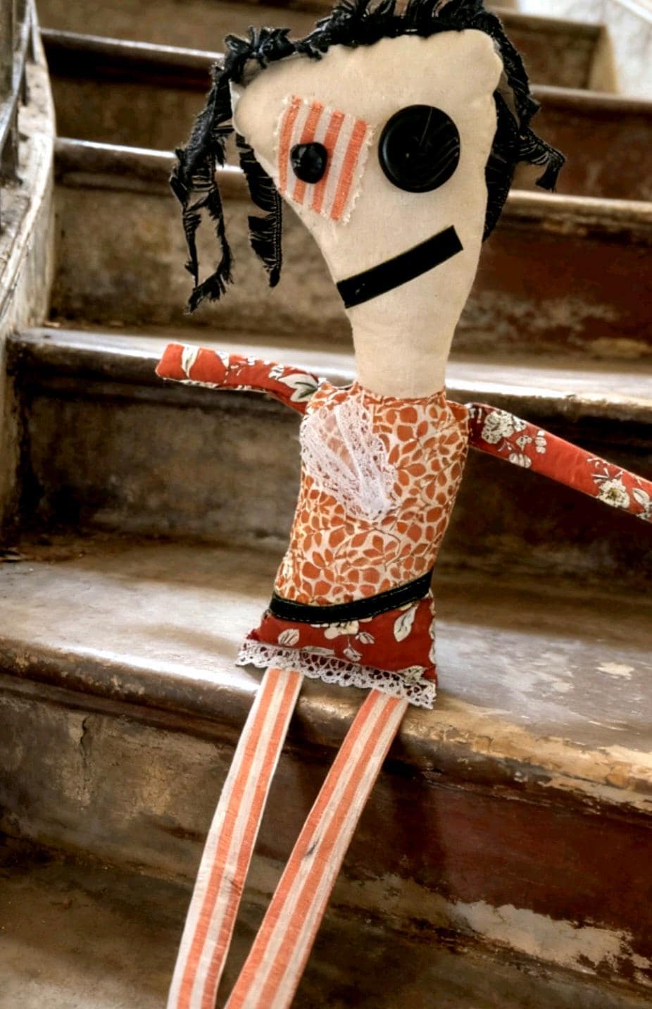 Scrappy Art Doll: 40cm Handmade Creepy Ragdoll, Orange Black, Boxed