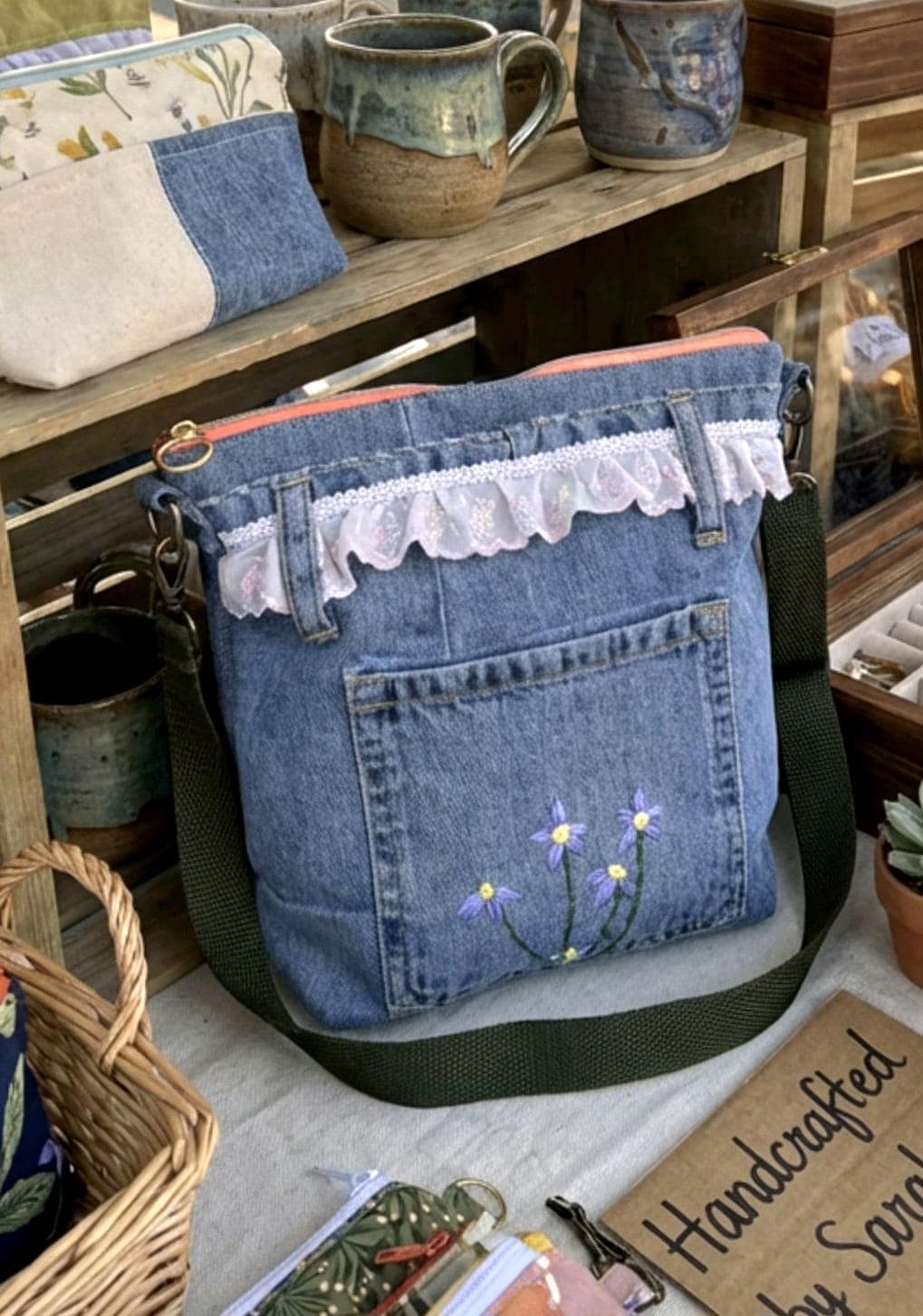 Denim & Lace Crossbody Shoulder Bag Fully Lined Zip Up, Holiday Funky Festival
