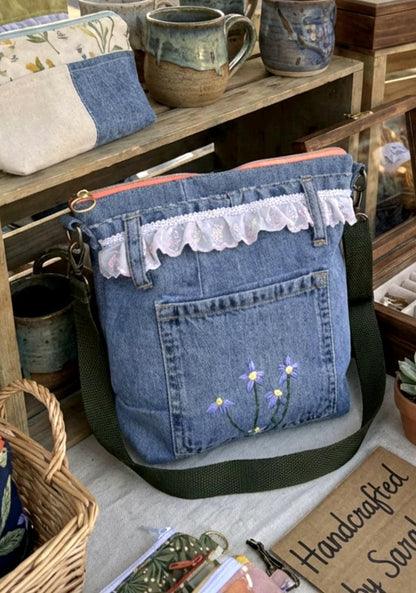 Denim & Lace Crossbody Shoulder Bag Fully Lined Zip Up, Holiday Funky Festival