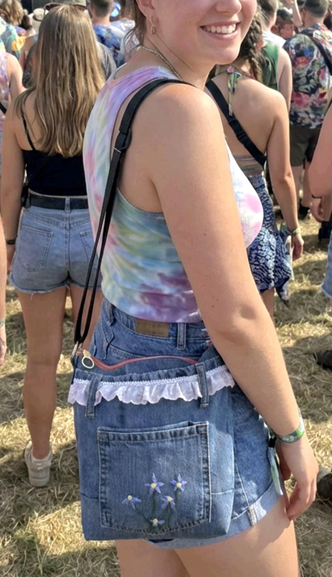 Denim & Lace Crossbody Shoulder Bag Fully Lined Zip Up, Holiday Funky Festival