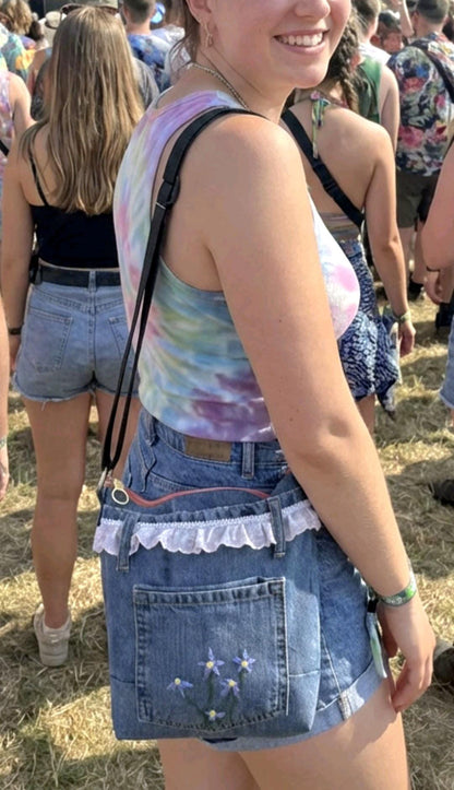 Denim & Lace Crossbody Shoulder Bag Fully Lined Zip Up, Holiday Funky Festival