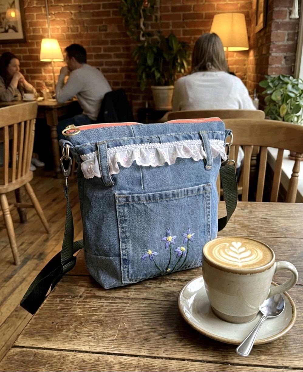 Denim & Lace Crossbody Shoulder Bag Fully Lined Zip Up, Holiday Funky Festival
