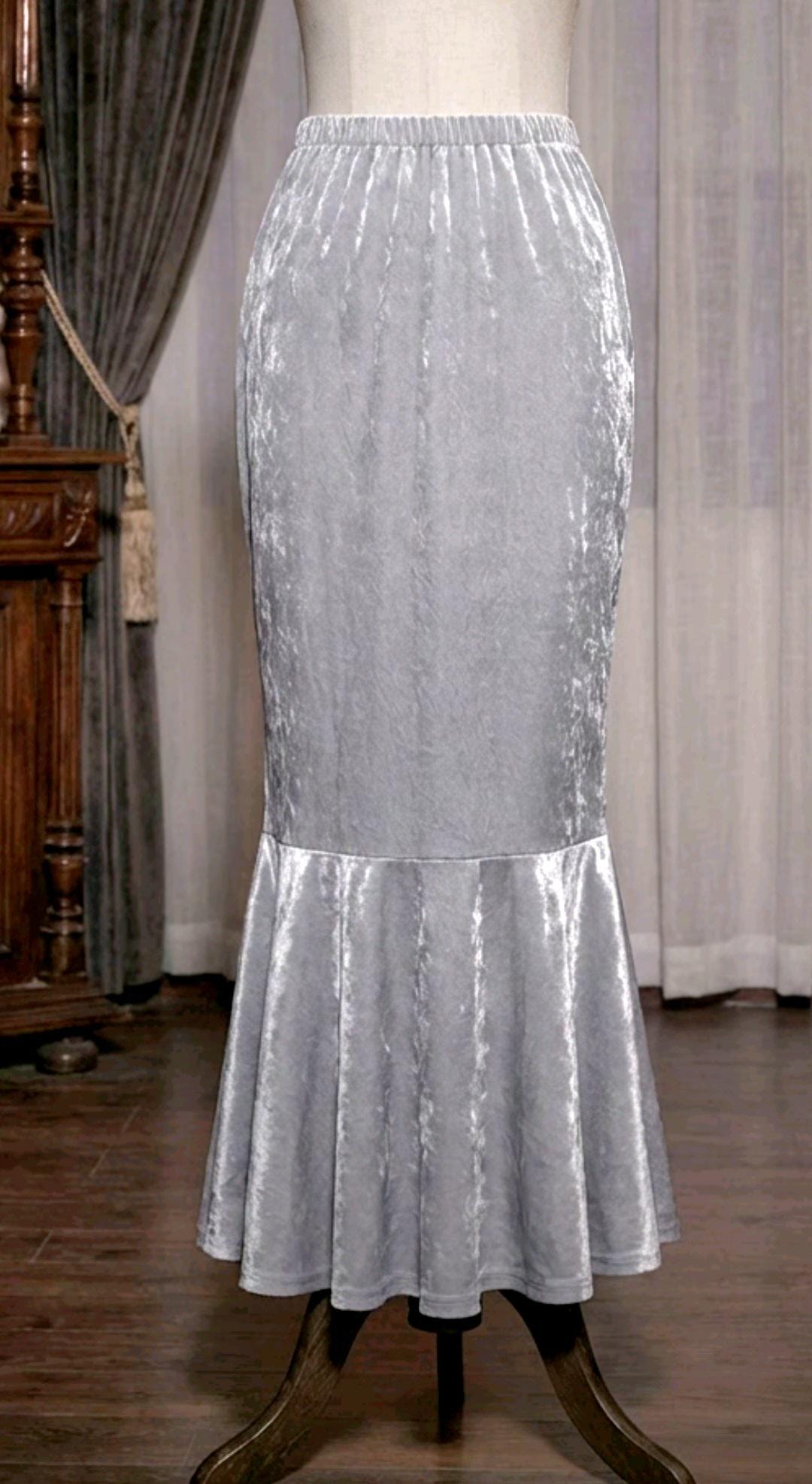 Silver Grey Fishtail Long Velvet Skirt - Gothic Witch Mermaid Size 10 - 14 (UK)
