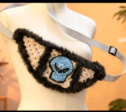 Crochet Squares Bumbag: Black Beige Skull, Fur Trim, Emo Waist Belt Bag
