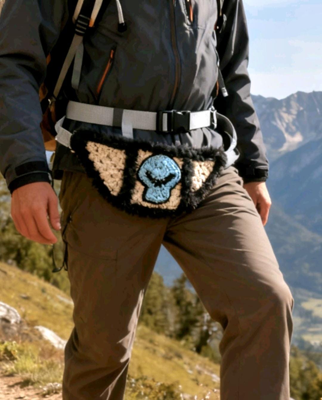 Crochet Squares Bumbag: Black Beige Skull, Fur Trim, Emo Waist Belt Bag