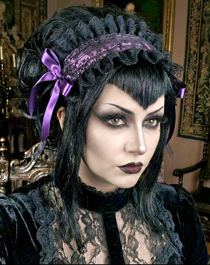 Purple Black Lace Lolita Headpiece Head Band - Steampunk Maid Gothic Emo