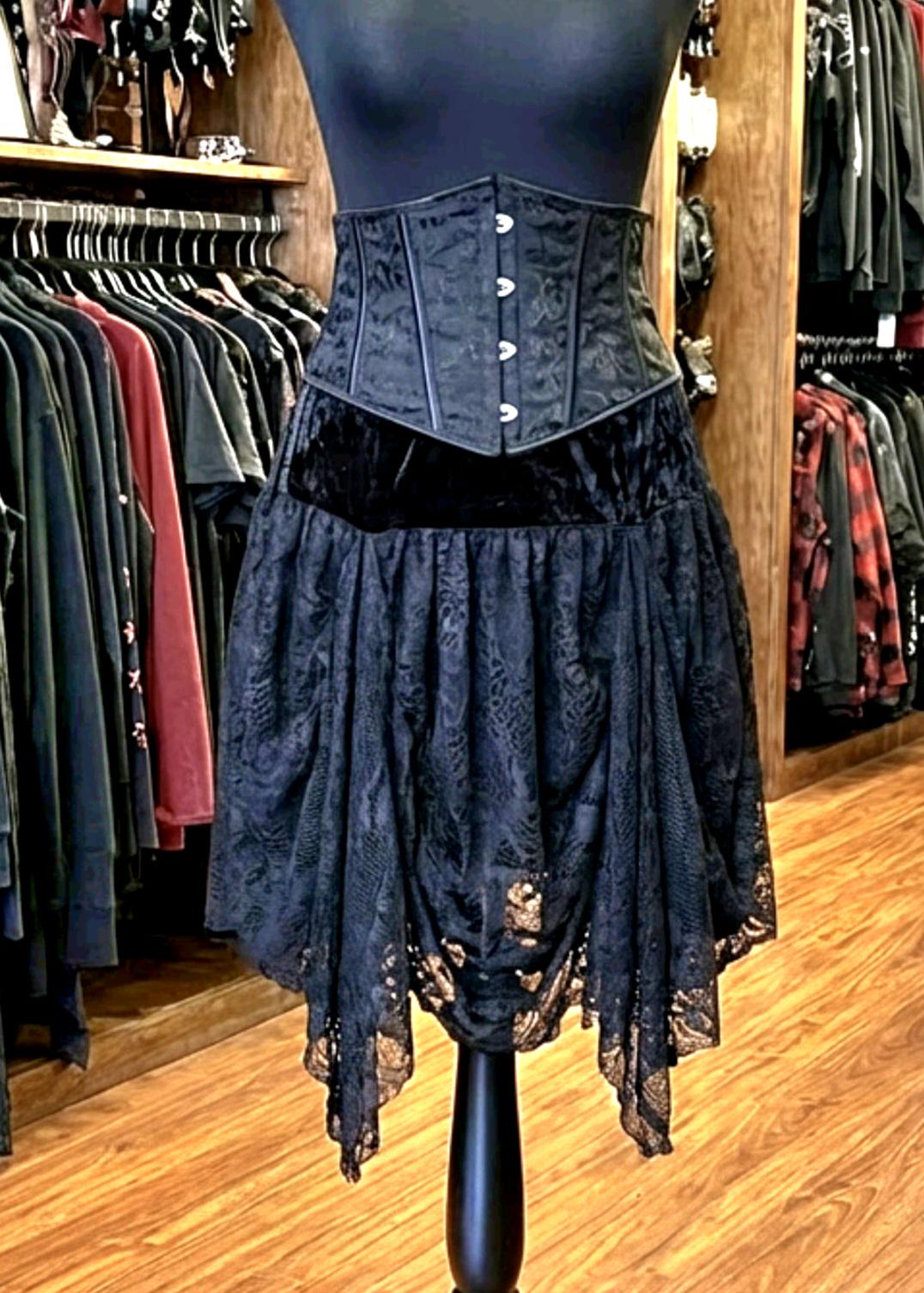Black Velvet & Lace Ruched Skirt - Gothic Witch Punk Emo Size 8 - 12 (UK)